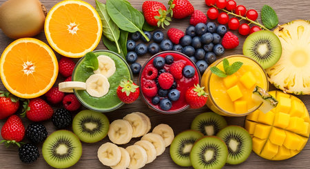 Healthy smoothies with fresh fruits and berries on wooden table, top viewの素材