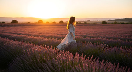 Beautiful woman in white dress on lavender field at sunset.の素材