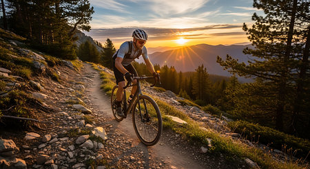 Cyclist Riding the Bike on the Trail in the Mountains at Sunsetの素材