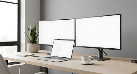 Close up of modern designer desktop with blank white computer screens, coffee cup and other items. Mock up, 3D Renderingの素材