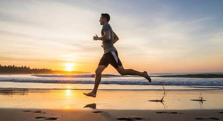 Young man running on the beach at sunrise. Healthy lifestyle concept.の素材