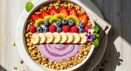 Healthy breakfast with granola and berries in bowl, top viewの素材