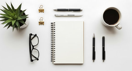 White office desk table with laptop, smartphone, coffee cup and other work supplies. Top view with copy space, flat lay.の素材