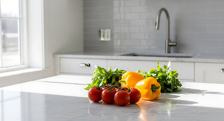 Fresh vegetables on a white marble countertop in a modern kitchen.の素材