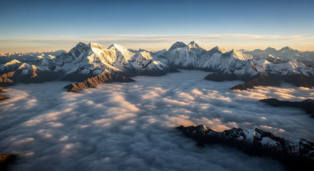 Aerial view of Himalaya mountain range in morning fog, Nepalの素材