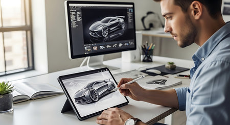 handsome man using digital tablet with car model on screen in officeの素材