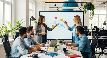businesswoman showing business plan on whiteboard to colleagues in modern officeの素材