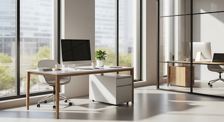 Interior of modern office with white walls, concrete floor, panoramic window with city view and daylight. 3d renderingの素材