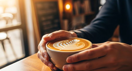 Coffee latte art in a cup on wooden table.の素材
