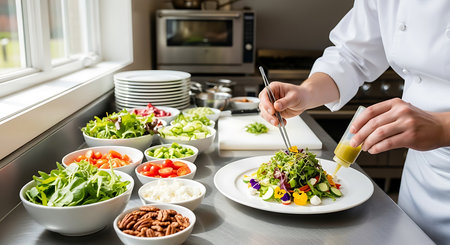 Chef preparing vegetable salad in the kitchen. Healthy food concept.の素材