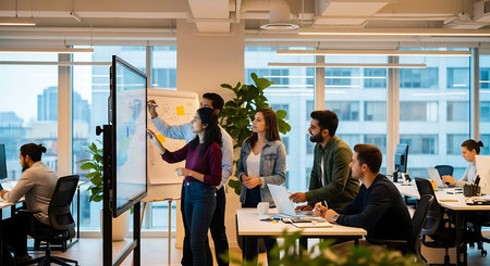 Multiethnic startup business team on meeting in modern bright office interior brainstorming, working on laptop and tablet computerの素材