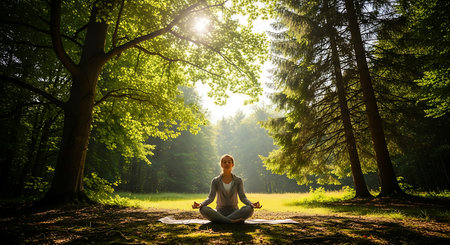 Young woman meditating in lotus position in the forest at sunsetの素材