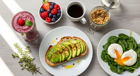 Healthy breakfast with toasts, avocado, poached egg, berries and smoothie. Top viewの素材