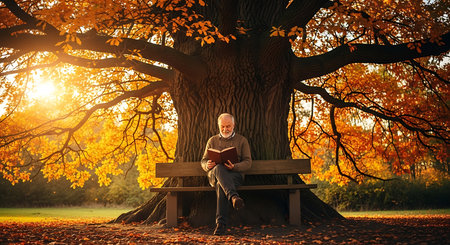 Senior man reading a book in the autumn park. Reading concept.の素材