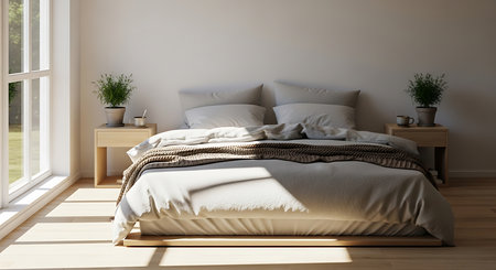 Modern bedroom interior design in scandinavian style. 3d renderの素材