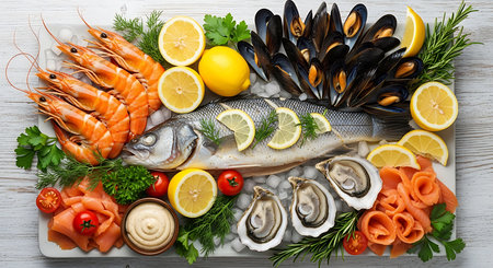 Seafood with lemon, salmon, musselspus, shrimps, mussels, tomatoes, parsley and dill on white wooden background. Top view.の素材