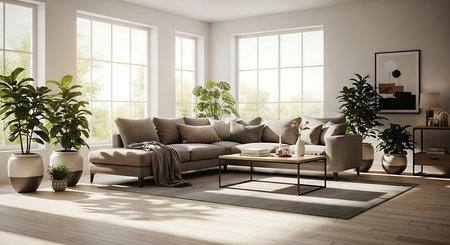 Living room interior with sofa, coffee table and plants. 3d renderの素材