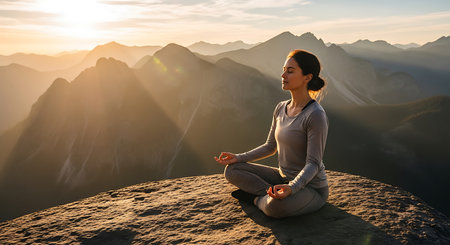 Woman meditating in lotus position on top of a mountain during sunriseの素材