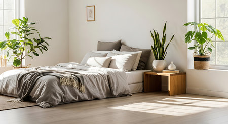 interior of modern bedroom with white walls, wooden floor, comfortable king size bed with gray linen, plant in pot and window with countryside viewの素材