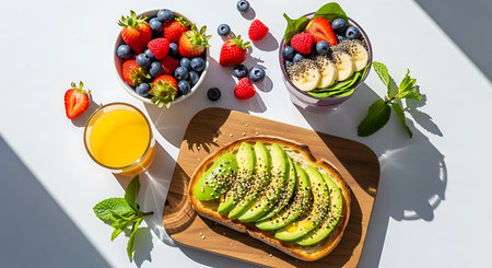 Healthy breakfast with toast, avocado, berries and juice on white backgroundの素材