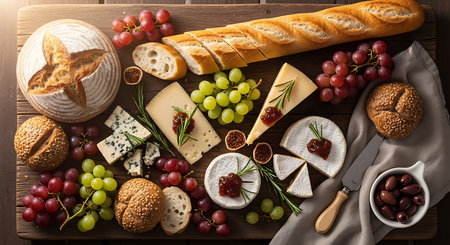 Cheese platter with grapes, olives and bread on wooden tableの素材