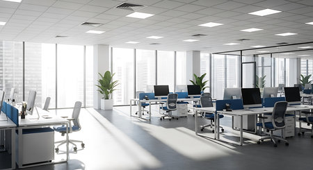Interior of modern open space office with white walls, concrete floor, rows of white computer tables with blue chairs and panoramic windows. 3d renderingの素材