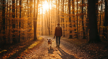 Young man walking with his dog in the autumn forest at sunset.の素材