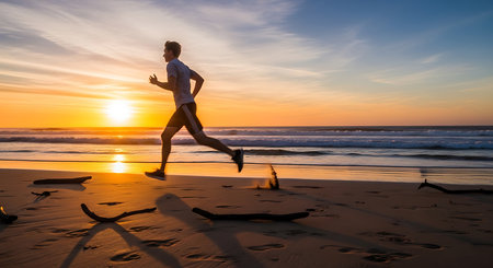Young man running on the beach at sunset. Healthy lifestyle concept.の素材