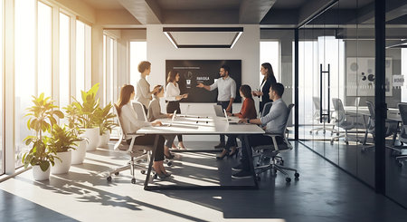 Group of diverse business people working together in modern office. Teamwork concept. 3D Renderingの素材