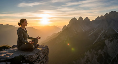 Woman meditating in lotus position on top of a mountain during sunsetの素材