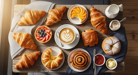 Delicious breakfast with croissants and coffee on wooden table, top viewの素材