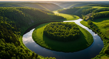 Aerial view of beautiful green meadow with forest and river in the morningの素材