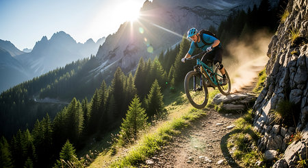 Mountain bike rider on the trail in the Dolomites mountainsの素材