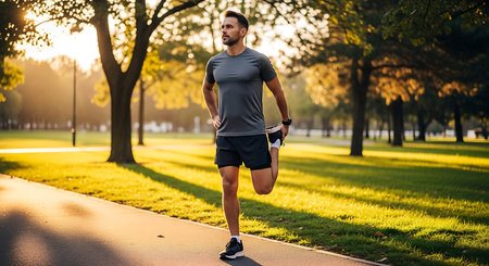Young man running in the park at sunset. Healthy lifestyle and sport concept.の素材