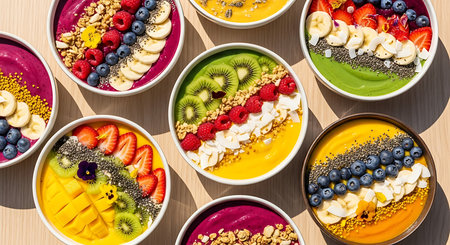 Healthy breakfast bowls with chia seeds, muesli, fruits and berriesの素材