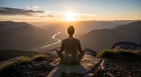 Young woman meditating on the top of a mountain during sunrise.の素材