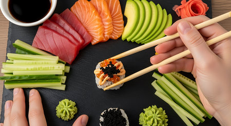Hand holding chopsticks and taking sushi roll with salmon, avocado and cucumberの素材