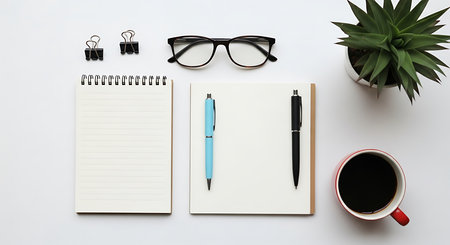 Office desk table with notepad, pen, glasses and coffee cup. Top view with copy spaceの素材