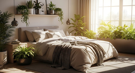 Modern bedroom interior design with wooden bed, plants and sunlight. 3D Renderingの素材