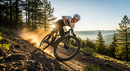 Cyclist Riding the Mountain Bike on the Rocky Trail at Sunset. Extreme Sport Concept.の素材