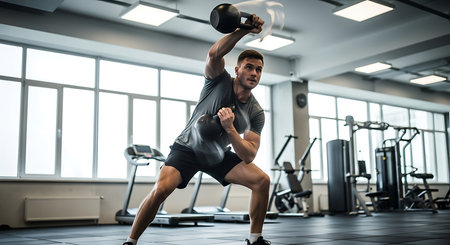 Muscular man doing exercises with kettlebells in gym. Crossfitの素材