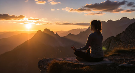 Woman meditating in lotus pose on top of a mountain at sunriseの素材