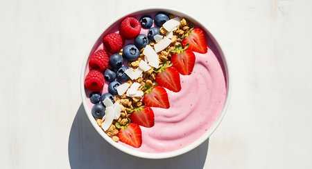 Yogurt with fresh berries and granola in a bowl, top viewの素材