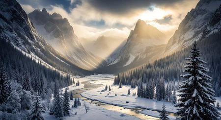 Fantastic winter landscape with snowy fir trees and river in Dolomites, Italyの素材