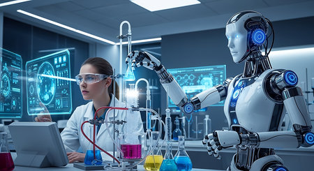Young woman scientist working with futuristic robot in laboratory. 3D renderingの素材