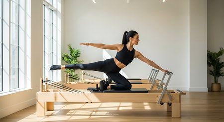 Young woman practicing yoga on pilates reformer bed at home.の素材