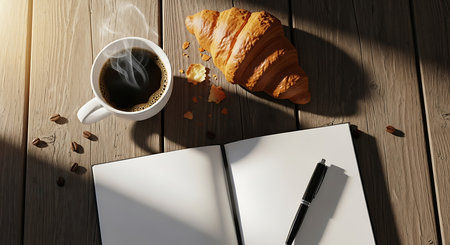 Cup of coffee, croissant and notebook on wooden tableの素材
