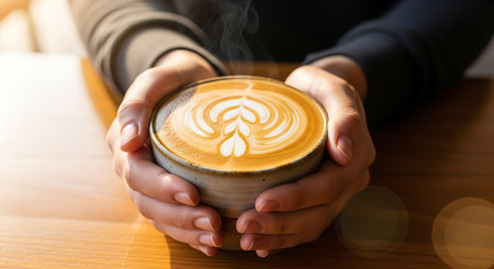 Hands holding a cup of coffee latte art on wooden tableの素材