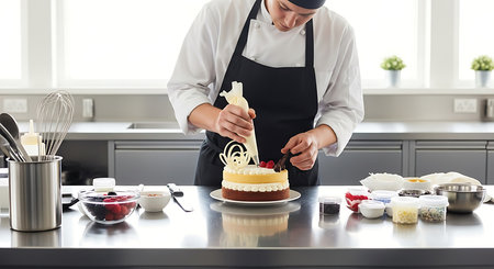 Chef decorating a cake in the kitchen, close-upの素材
