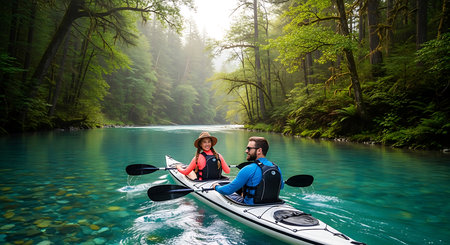 Couple kayaking on the river in the forest. Adventure and travel concept.の素材